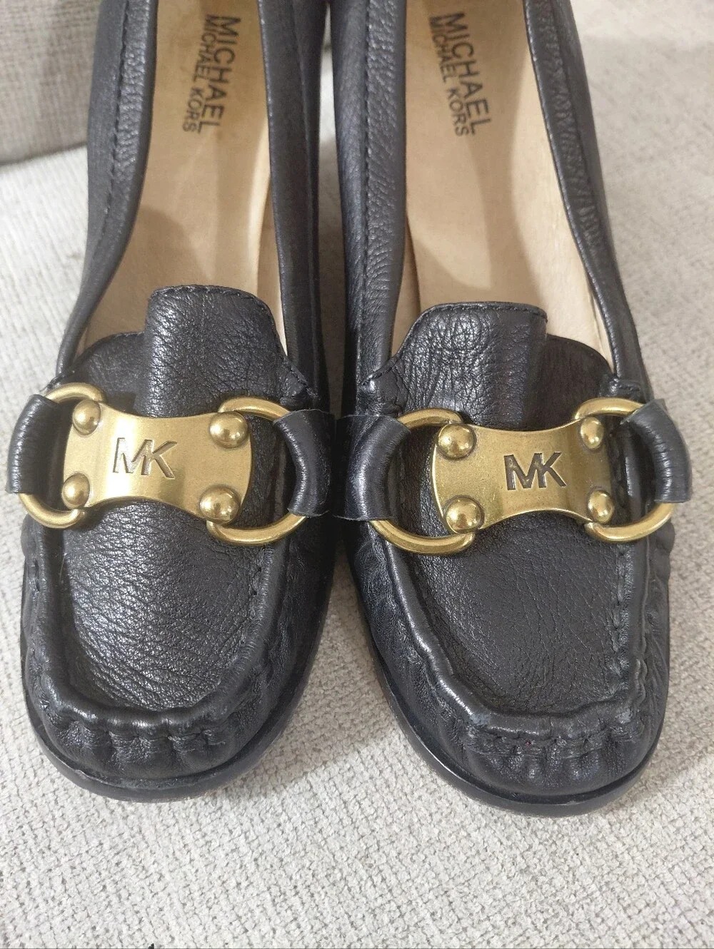 Michael Kors Black Leather Horse Bit Logo Wedges Size 8.5